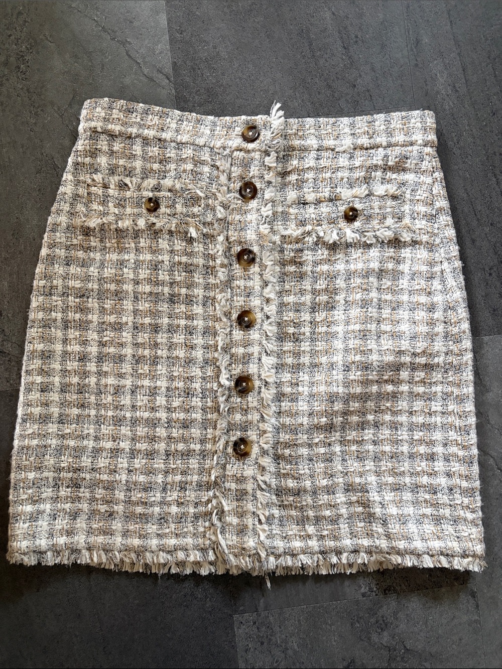 Tweed Button-Front Mini Skirt - Cream & Taupe